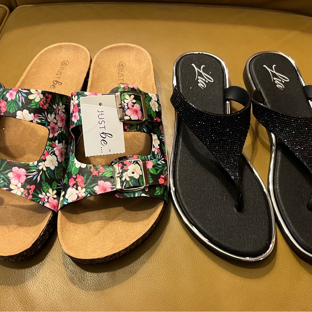 Pink and Black Sandals with Floral and Classic Designs
